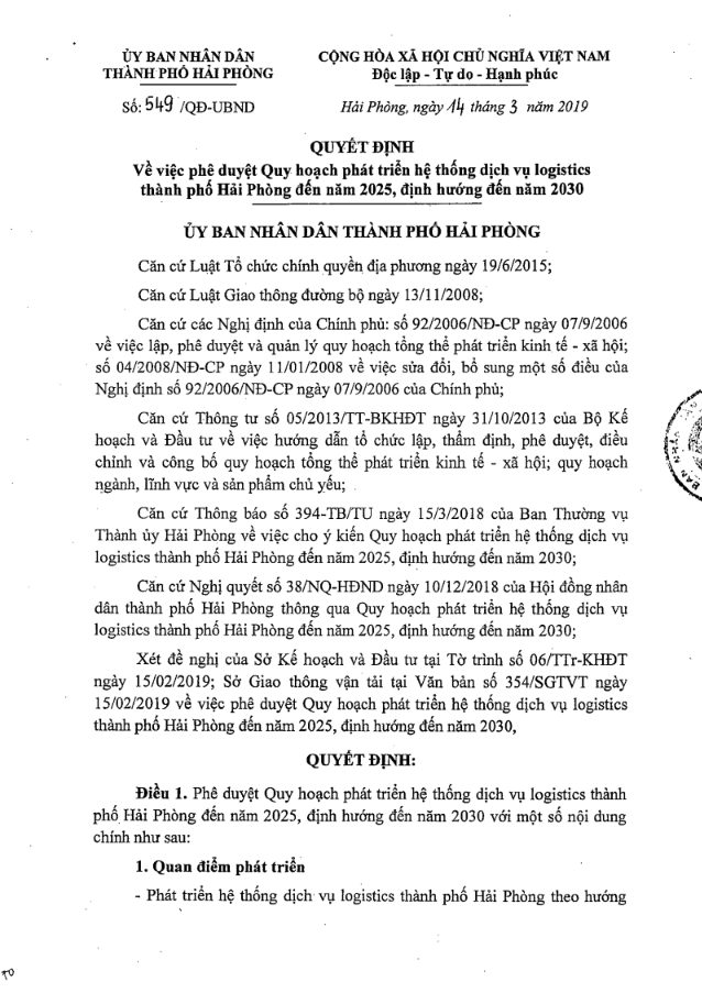 Phê duyệt Quy hoạch phát triển hệ thống dịch vụ Logistics thành phố Hải Phòng đến năm 2025, định hướng đến năm 2030