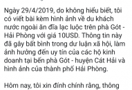 Kết quả xử lý vụ việc “Tài khoản facebook tung tin về 2 du khách nước ngoài ăn đĩa lạc luộc trên phà Gót – Hải Phòng với giá 10 USD”