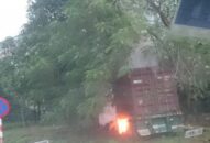 Nghi tránh xe chiều ngược lại, xe container lao vào ven đường bốc cháy