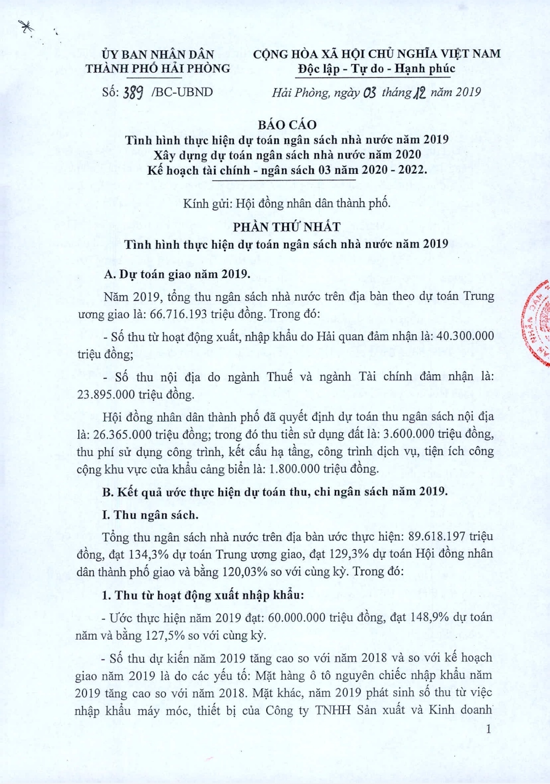 Hải Phòng: Công Khai Báo Cáo Tình Hình Thực Hiện Ngân Sách Nhà Nước Năm  2019, Dự Toán Ngân Sách Nhà Nước Năm 2020