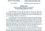Thông báo ý kiến của Ban Thường vụ Thành ủy về công tác phòng, chống dịch Covid-19