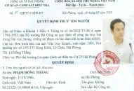 Cơ quan Cảnh sát điều tra Công an TP Hải Phòng thông báo quyết định truy tìm người