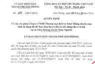 Quyết định về việc cho phép Công ty TNHH Thương mại dịch vụ Toàn Thắng chuyển mục đích sử dụng đất để thực hiện Dự án đầu tư xây dựng nhà ở xã hội tại xã Thủy Đường, huyện Thủy Nguyên
