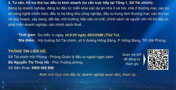 Hội nghị xúc tiến đầu tư trong nước và hướng dẫn quy định pháp luật về đầu tư, đấu thầu; tư vấn, hỗ trợ thủ tục đầu tư kinh doanh trên địa bàn thành phố Hải Phòng dự kiến diễn ra vào ngày 25/3/2026